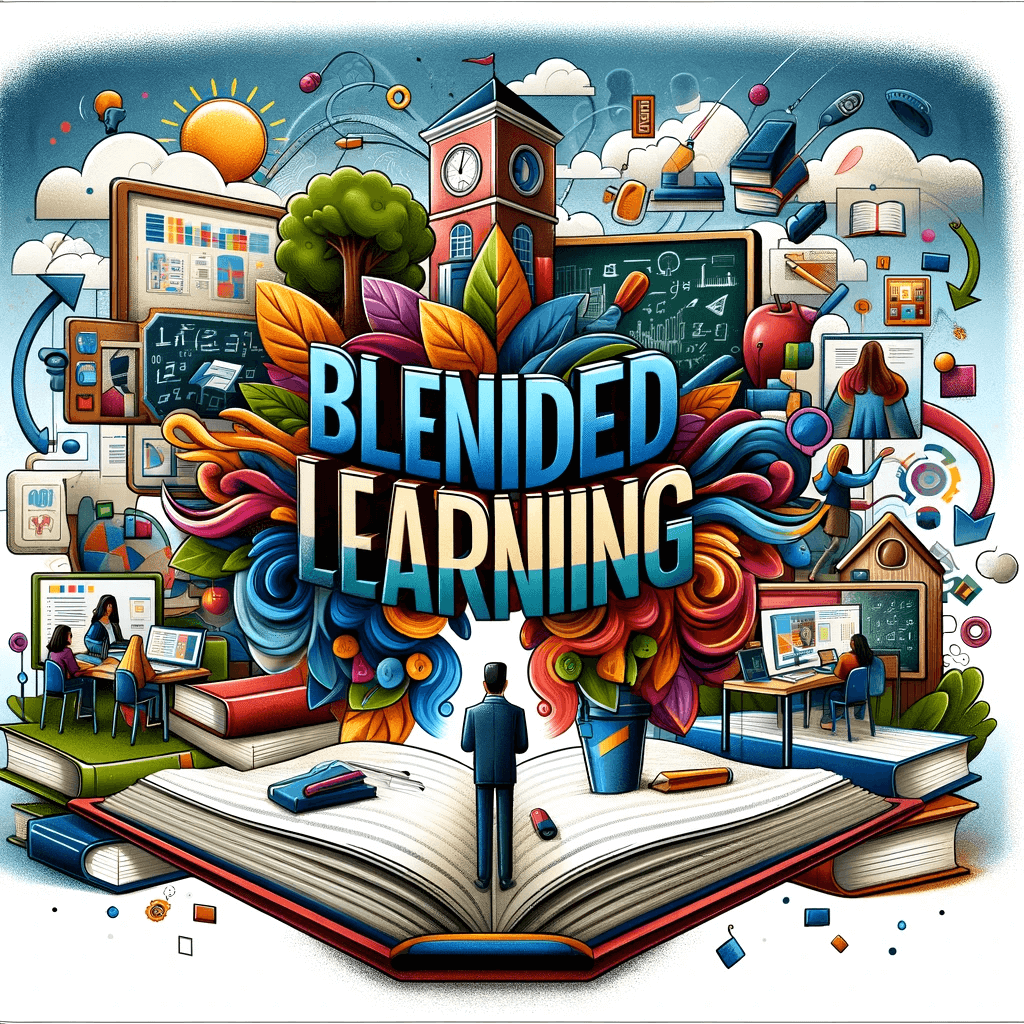 DALL·E 2024-01-16 10.59.06 - A creative illustration representing the concept of blended learning, prominently featuring the text 'Blended Learning' in bold, stylized letters at t