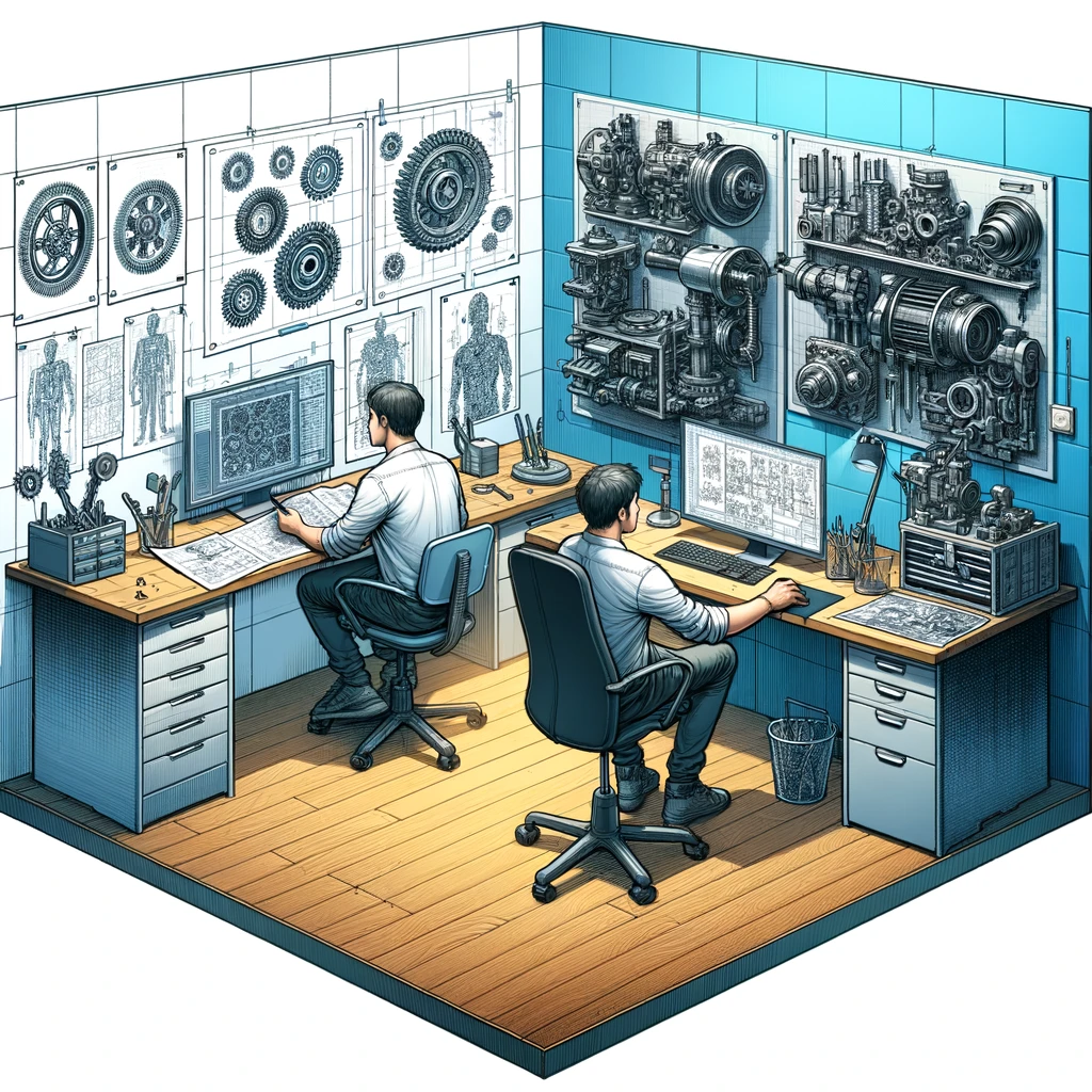 DALL·E 2024-01-24 12.54.34 - A scene depicting a technical writer in the field of mechanical engineering. The room is half office, half technical lab. One side of the room feature